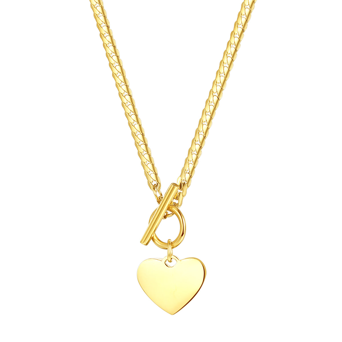 Heart Charm T-Bar Chain Necklace Gold