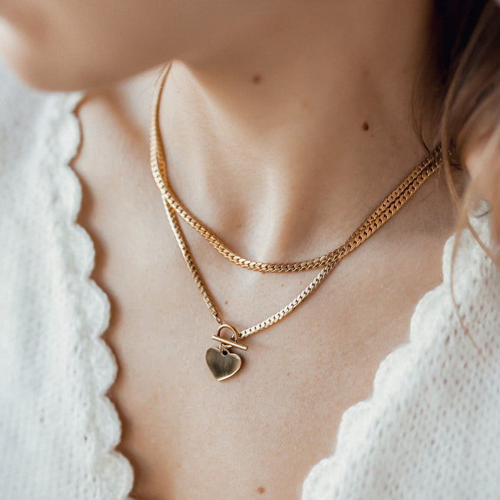 Collier Breloque Cœur Chaîne T-Barre en Or