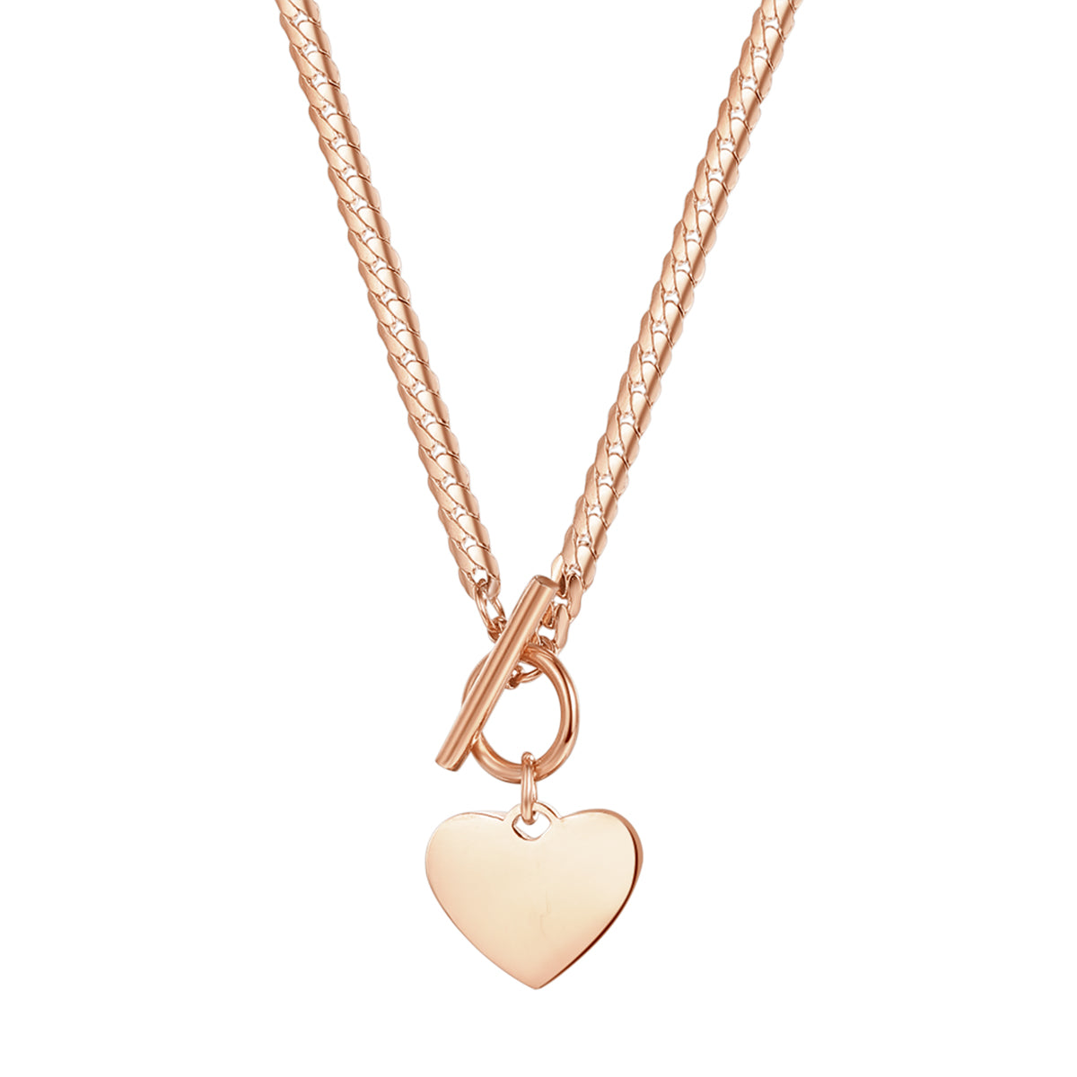 Heart Charm T-Bar Chain Necklace Rose Gold