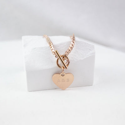 Heart Charm T-Bar Chain Necklace Rose Gold