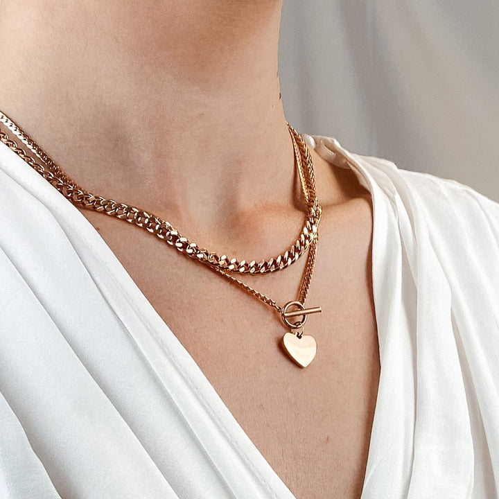 Collier Breloque Cœur Chaîne T-Barre en Or Rose