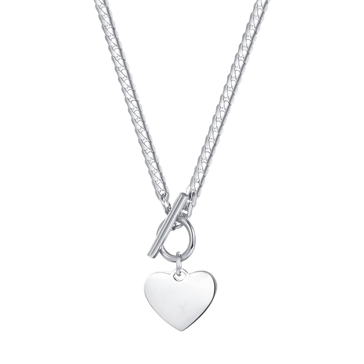 Heart Charm T-Bar Chain Necklace Silver