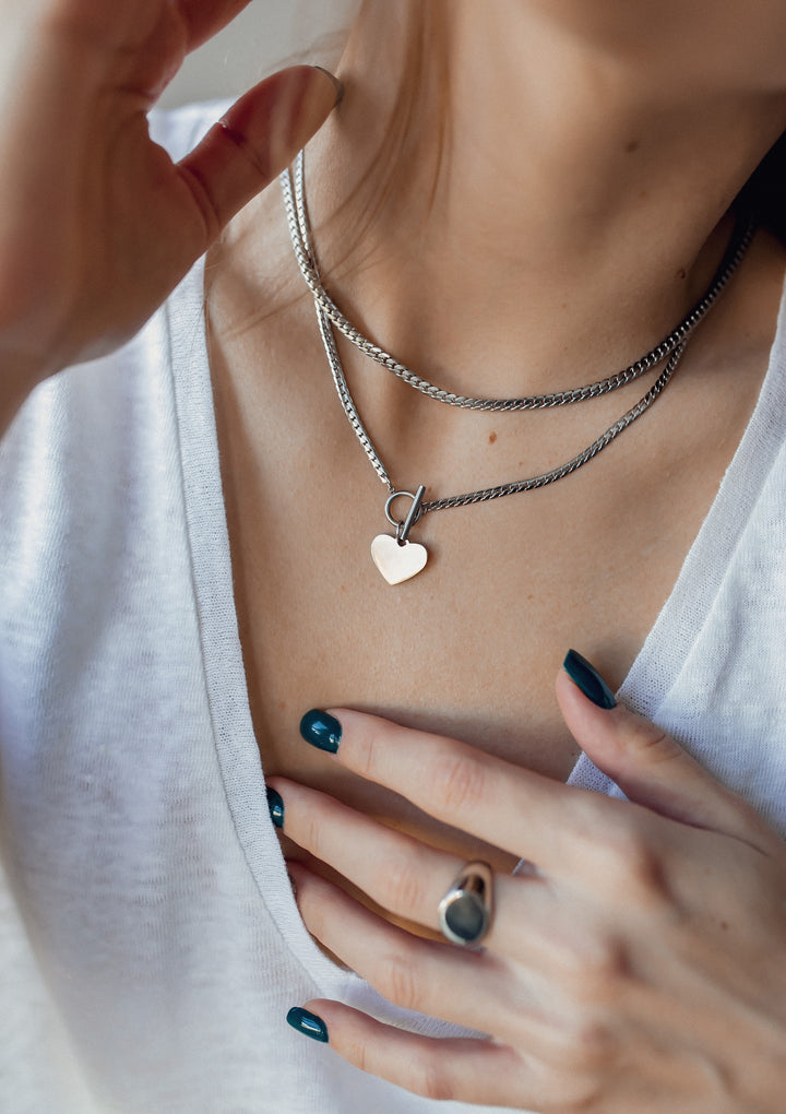 Collier Breloque Cœur Chaîne T-Barre en Argent