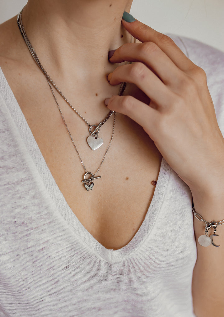 Collier Breloque Cœur Chaîne T-Barre en Argent