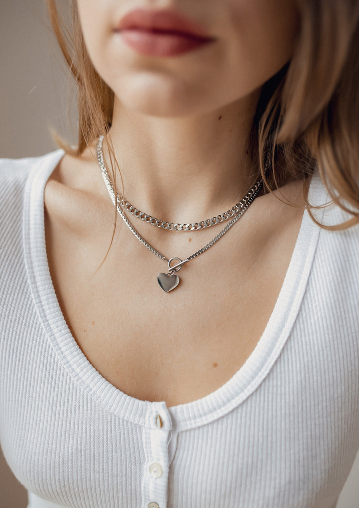 Collier Breloque Cœur Chaîne T-Barre en Argent