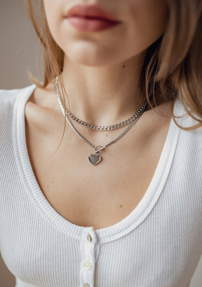 Heart Charm T-Bar Chain Necklace Silver