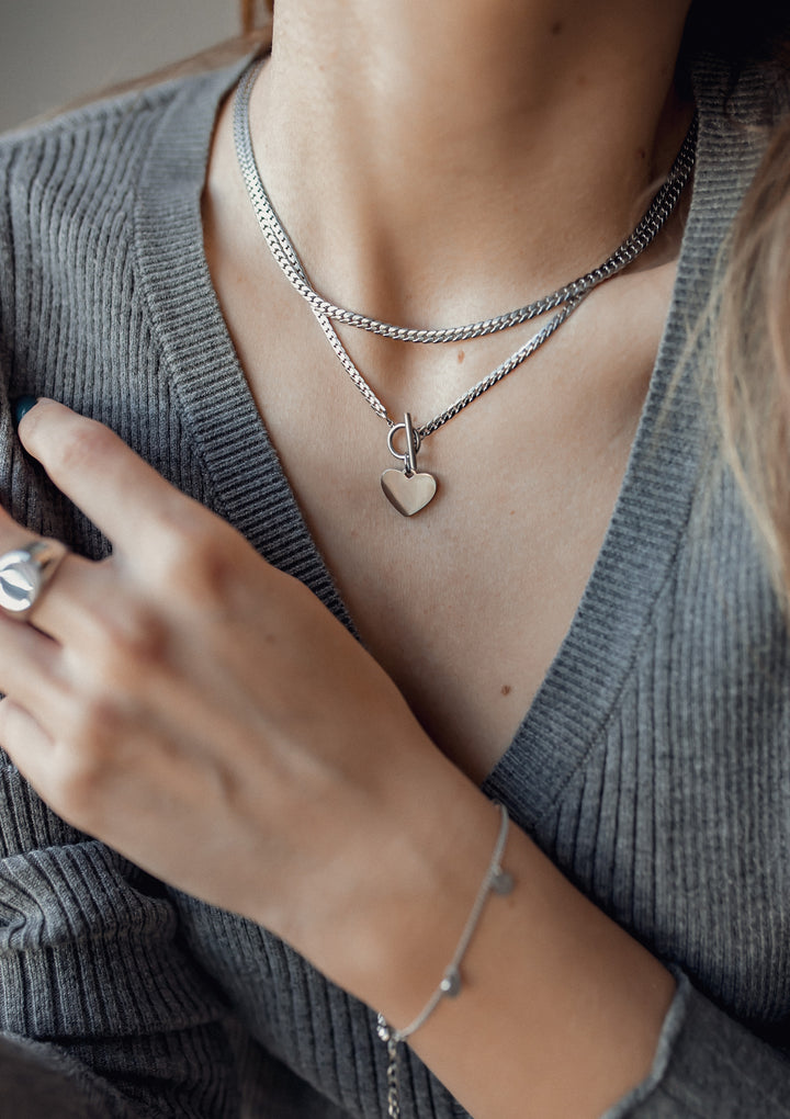 Collier Breloque Cœur Chaîne T-Barre en Argent