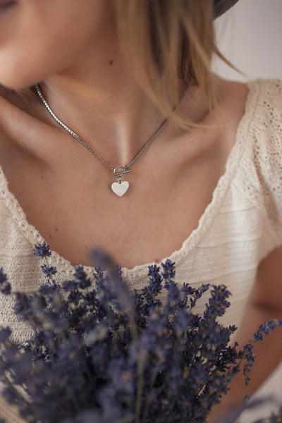 Collier Breloque Coeur Chaîne T-Barre en Argent
