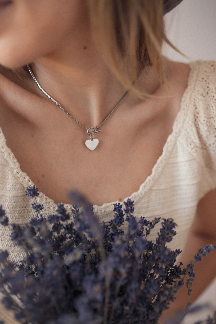 Collier Breloque Cœur Chaîne T-Barre en Argent
