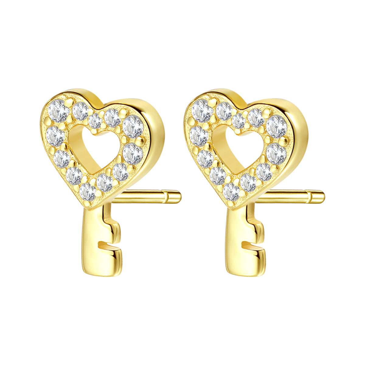 Heart Key Stud Earrings Sterling Silver Gold