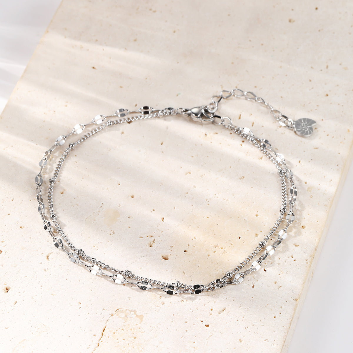 Layered Curb and Bobble Chain Anklet Silver