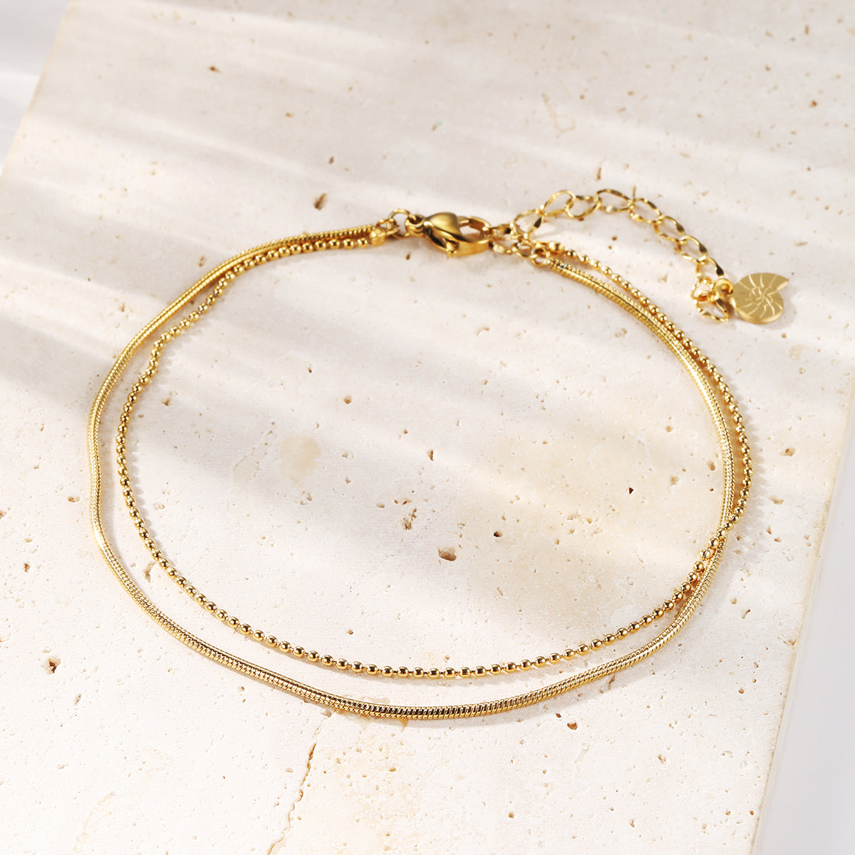 Layered Snake and Bead Chain Anklet Gold