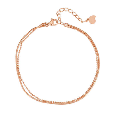 Layered Snake and Bead Chain Anklet Rose Gold