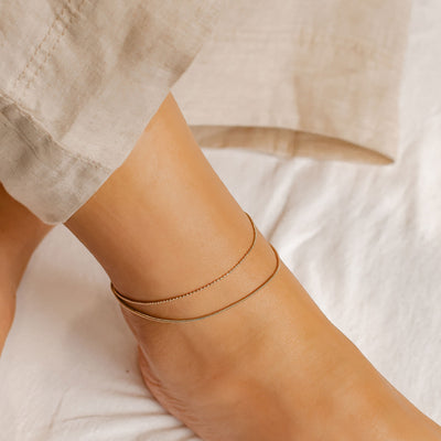Layered Snake and Bead Chain Anklet Rose Gold