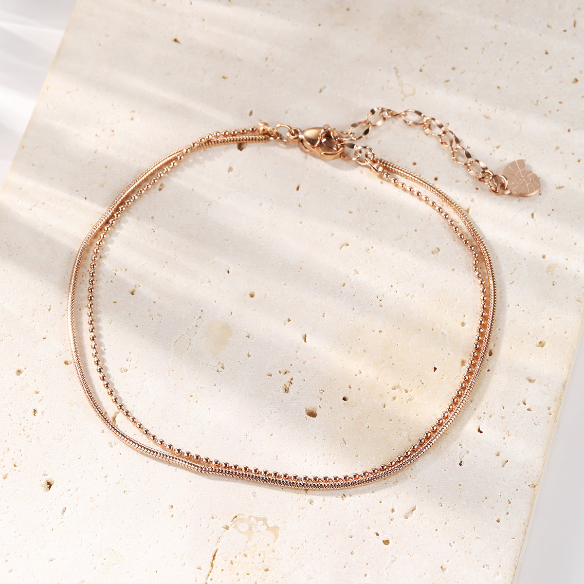Layered Snake and Bead Chain Anklet Rose Gold