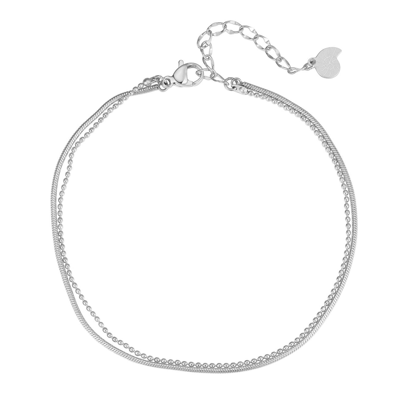 Layered Snake and Bead Chain Anklet Silver