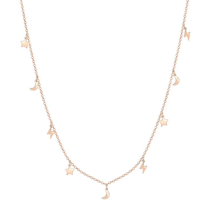 Collar de Luna Estrella y Rayo en Oro Rosa