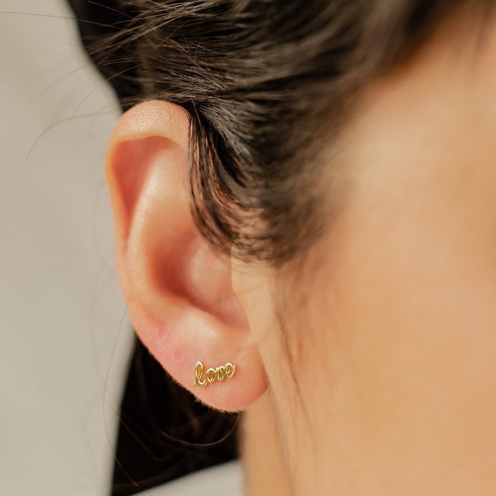 Love Script Stud Earrings Sterling Silver Gold