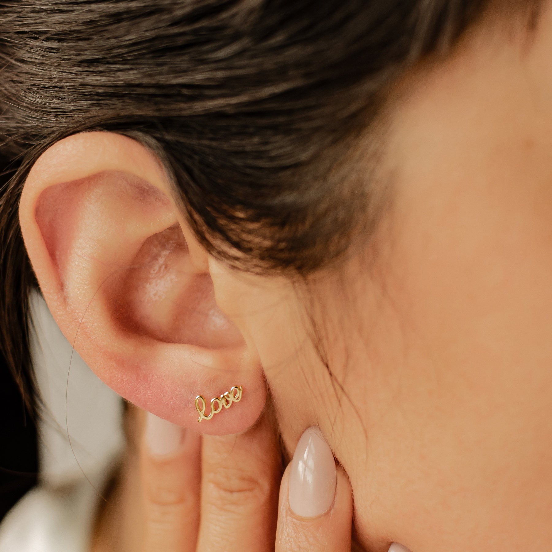 Love Script Stud Earrings Sterling Silver Gold