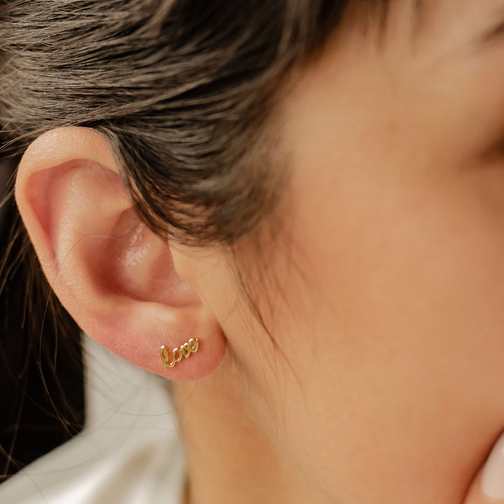 Love Script Stud Earrings Sterling Silver Gold
