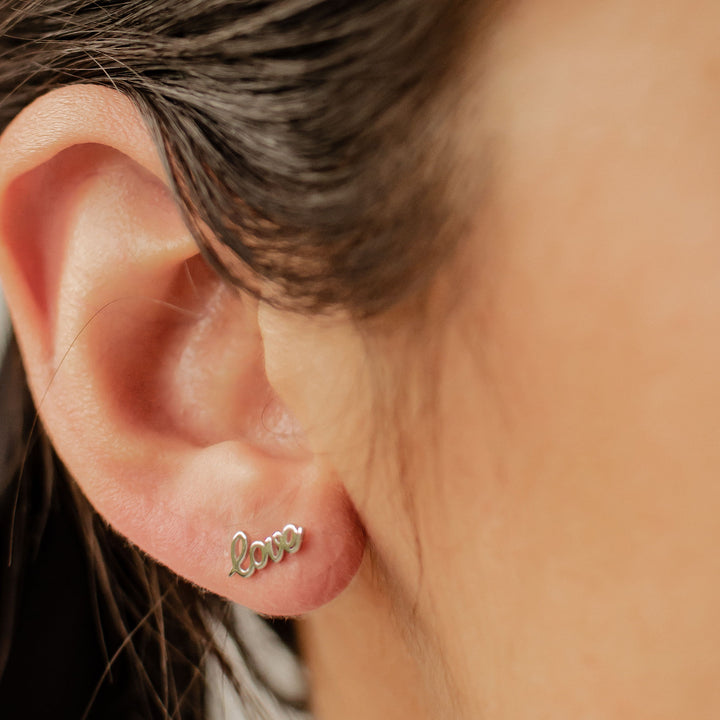 Love Script Stud Earrings Sterling Silver
