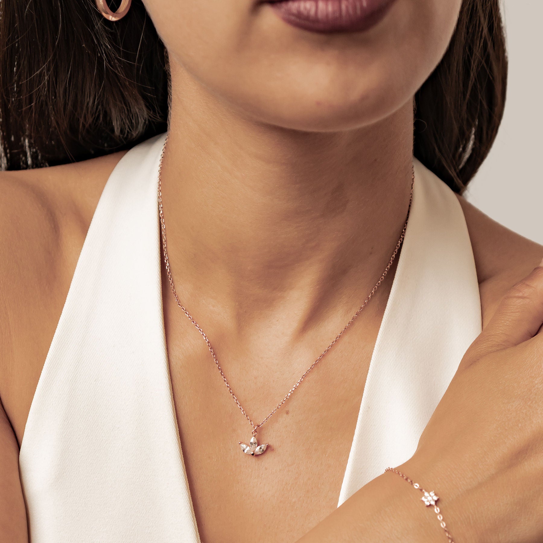 Marquise Flower Pendant Necklace Sterling Silver