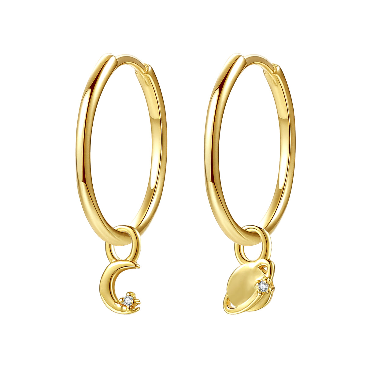 Moon and Planet Charm Hoop Earrings Sterling Silver Gold