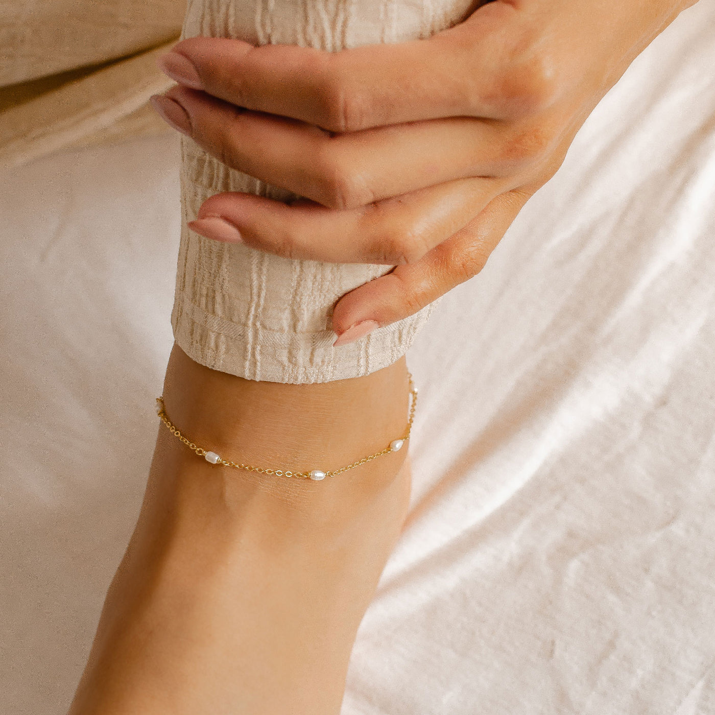 Pearl Chain Anklet Sterling Silver Gold
