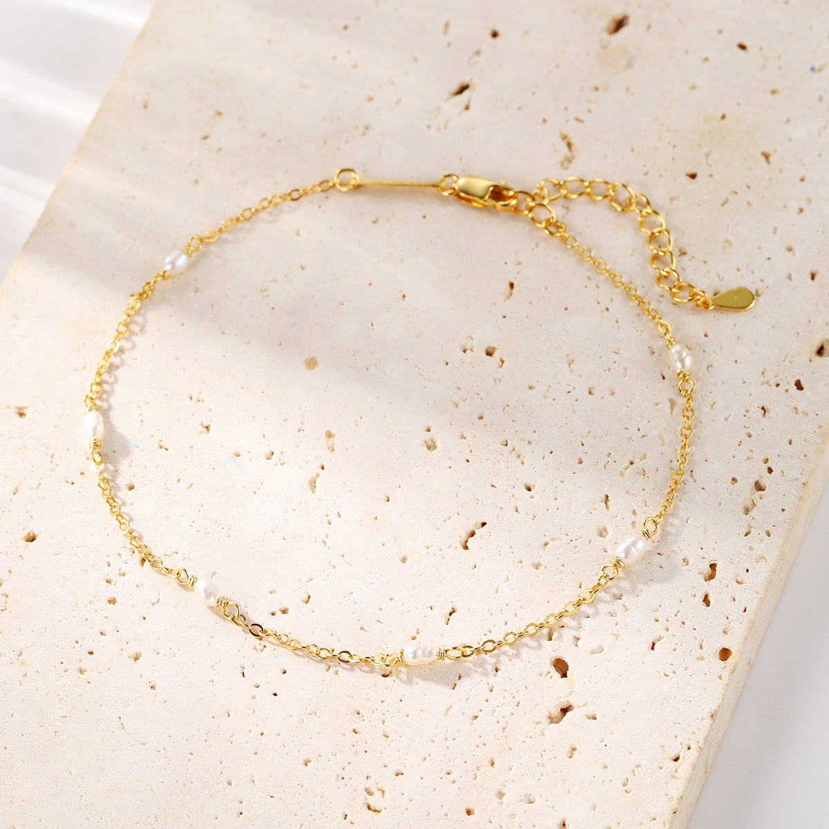 Tobillera Cadena Perlas Plata de Ley 925 en Oro