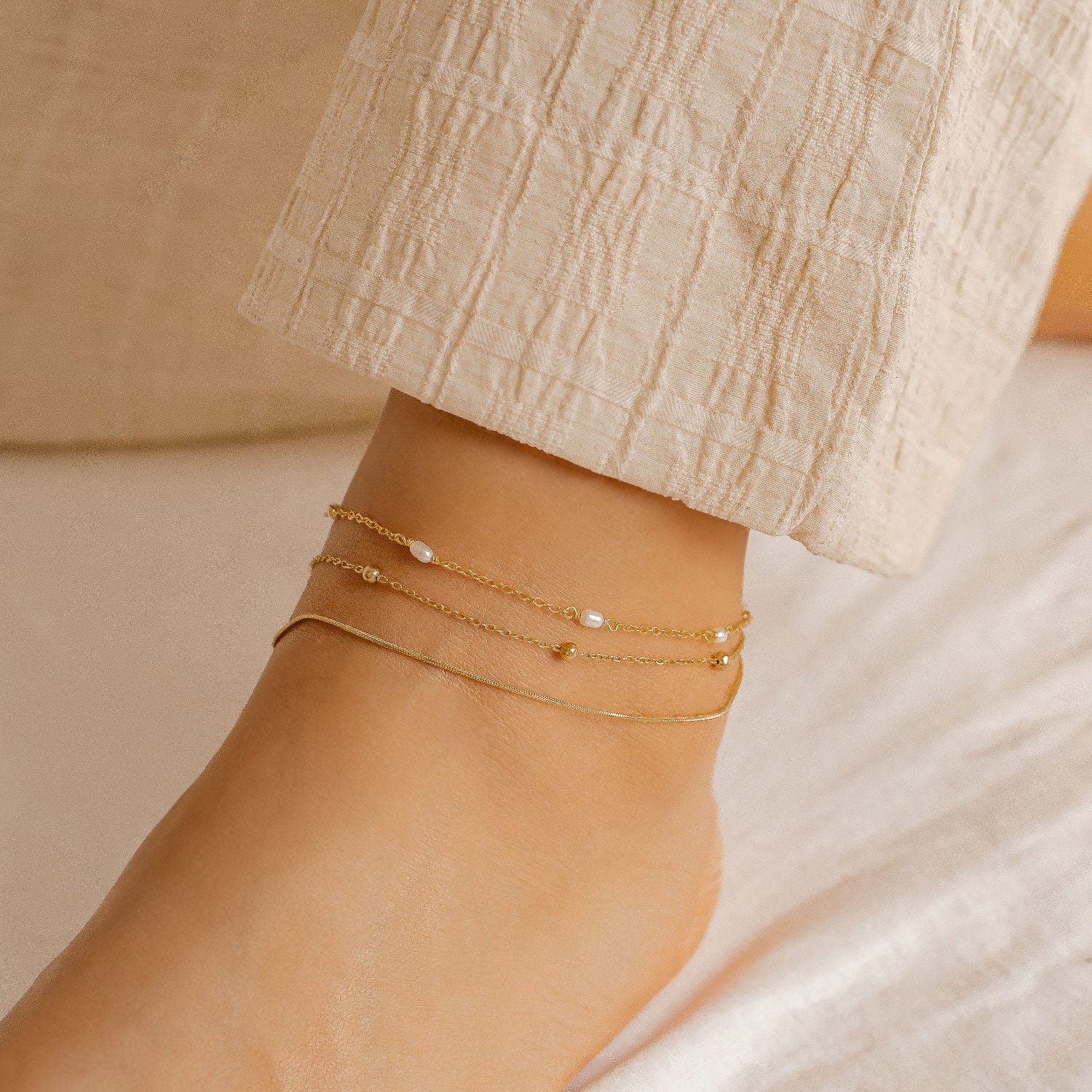 Tobillera Cadena Perlas Plata de Ley 925 en Oro