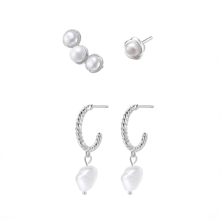 Set Pendientes Botón y Aro Perla Plata de Ley 925