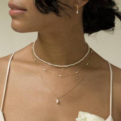Ensemble Colliers Multi Rangs Perle Sterling Argent en Or