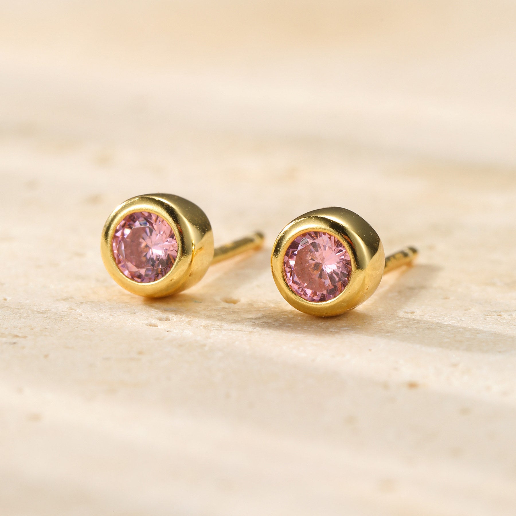 Pink Bezel Stud Earrings Sterling Silver