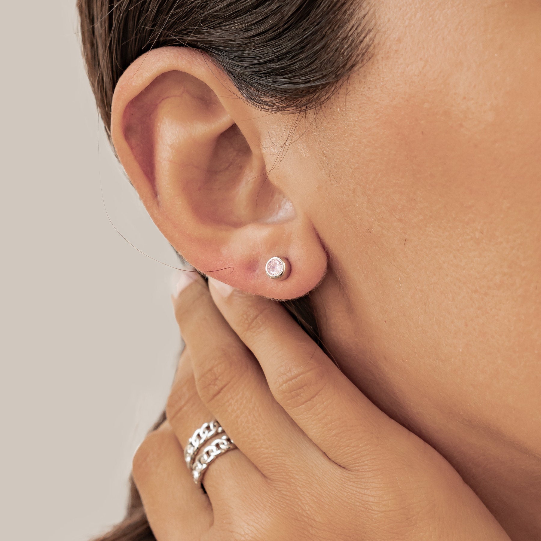 Pink Bezel Stud Earrings Sterling Silver