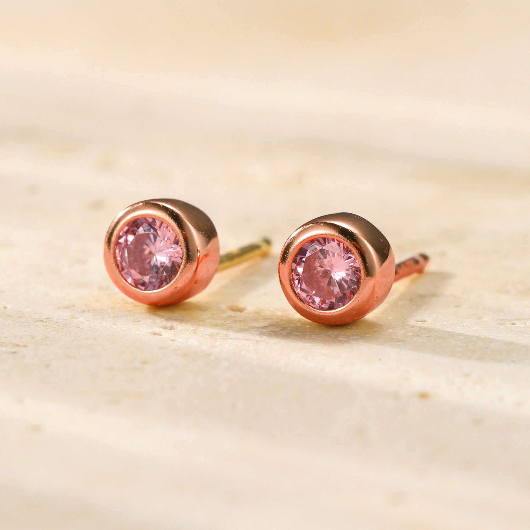 Pink Bezel Stud Earrings Sterling Silver