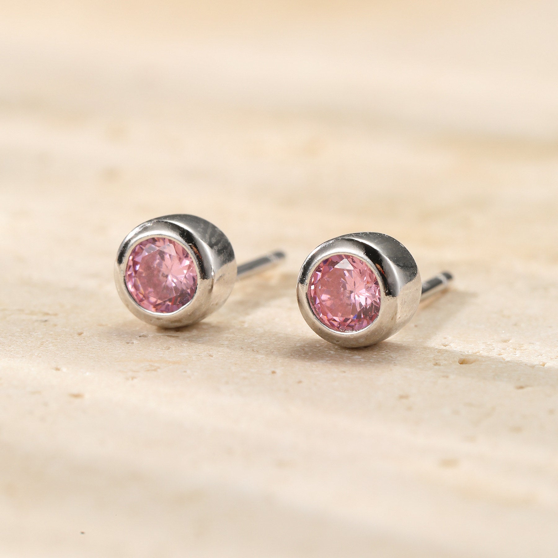 Pink Bezel Stud Earrings Sterling Silver