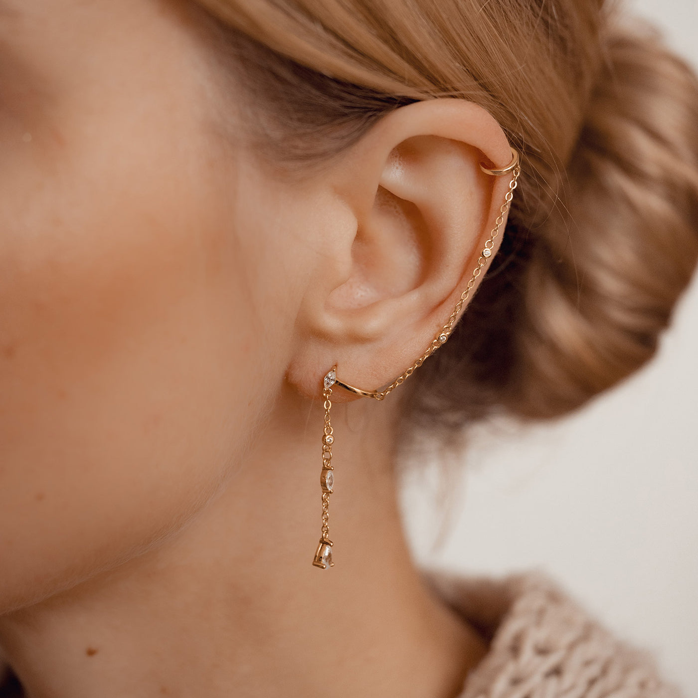 Radiant Doppel Ear Cuff Ohrring mit Kette Sterlingsilber Gold