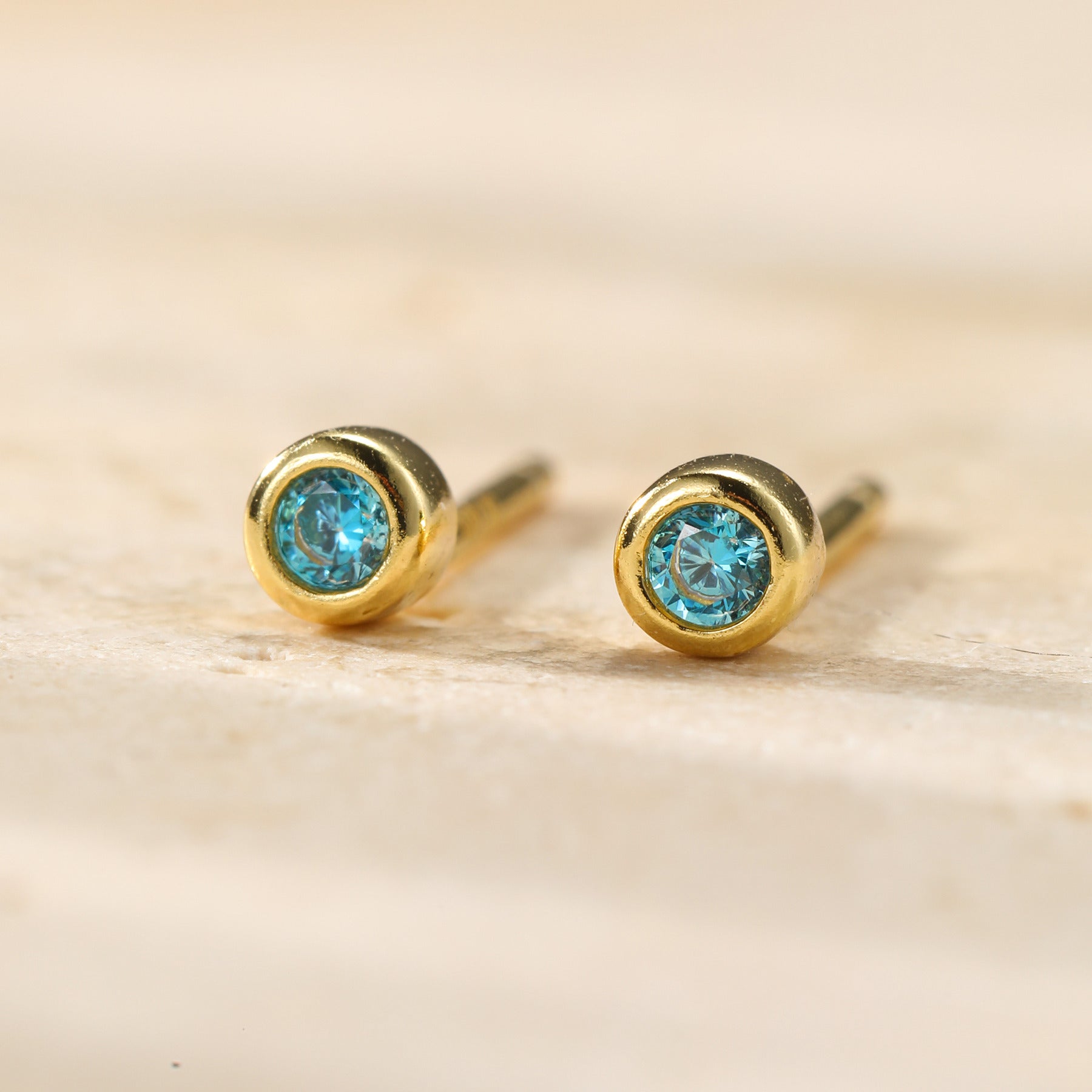 Small Aquamarine Bezel Stud Earrings Sterling Silver