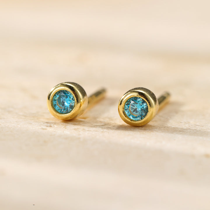 Small Aquamarine Bezel Stud Earrings Sterling Silver