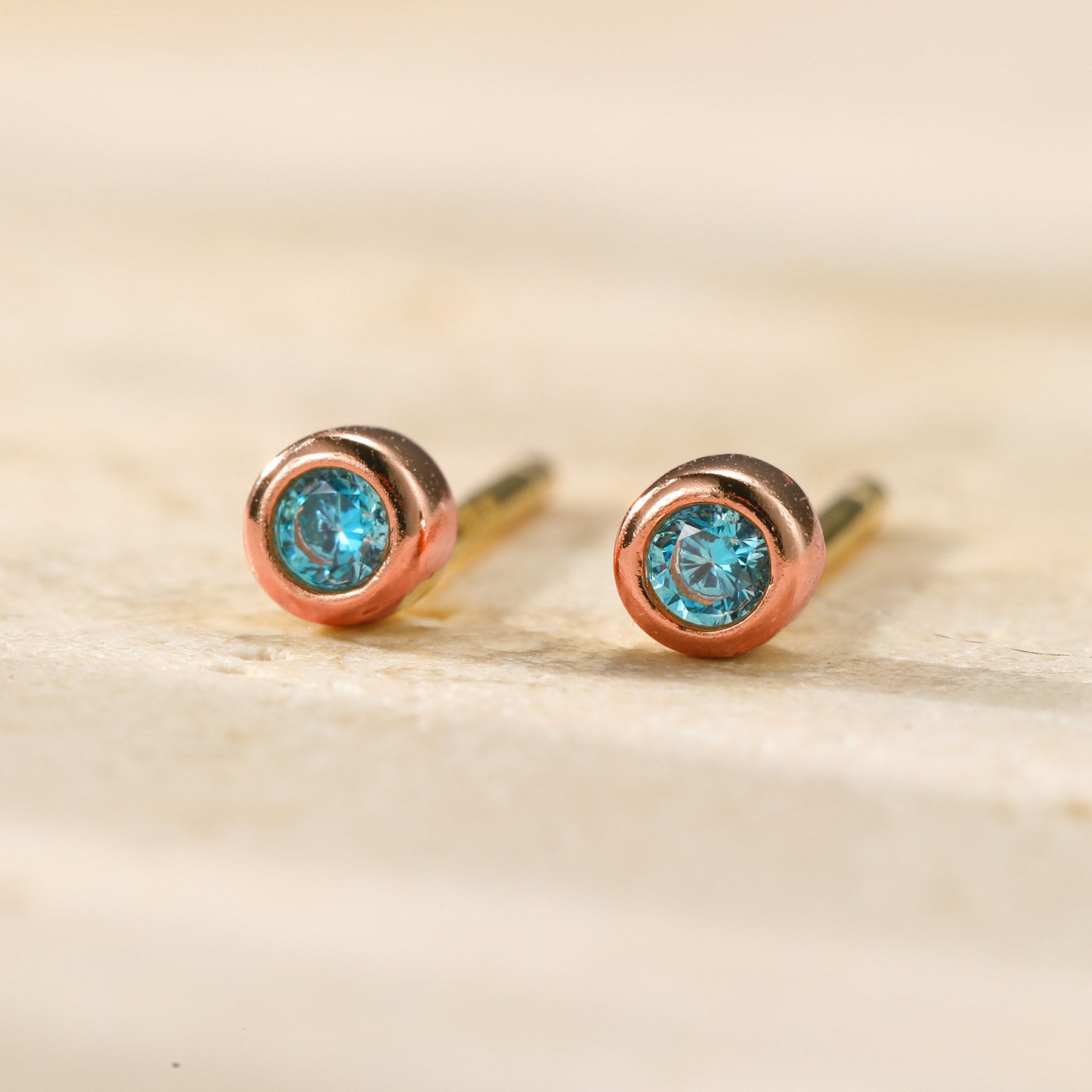 Small Aquamarine Bezel Stud Earrings Sterling Silver