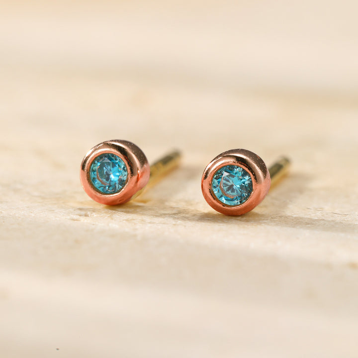 Small Aquamarine Bezel Stud Earrings Sterling Silver