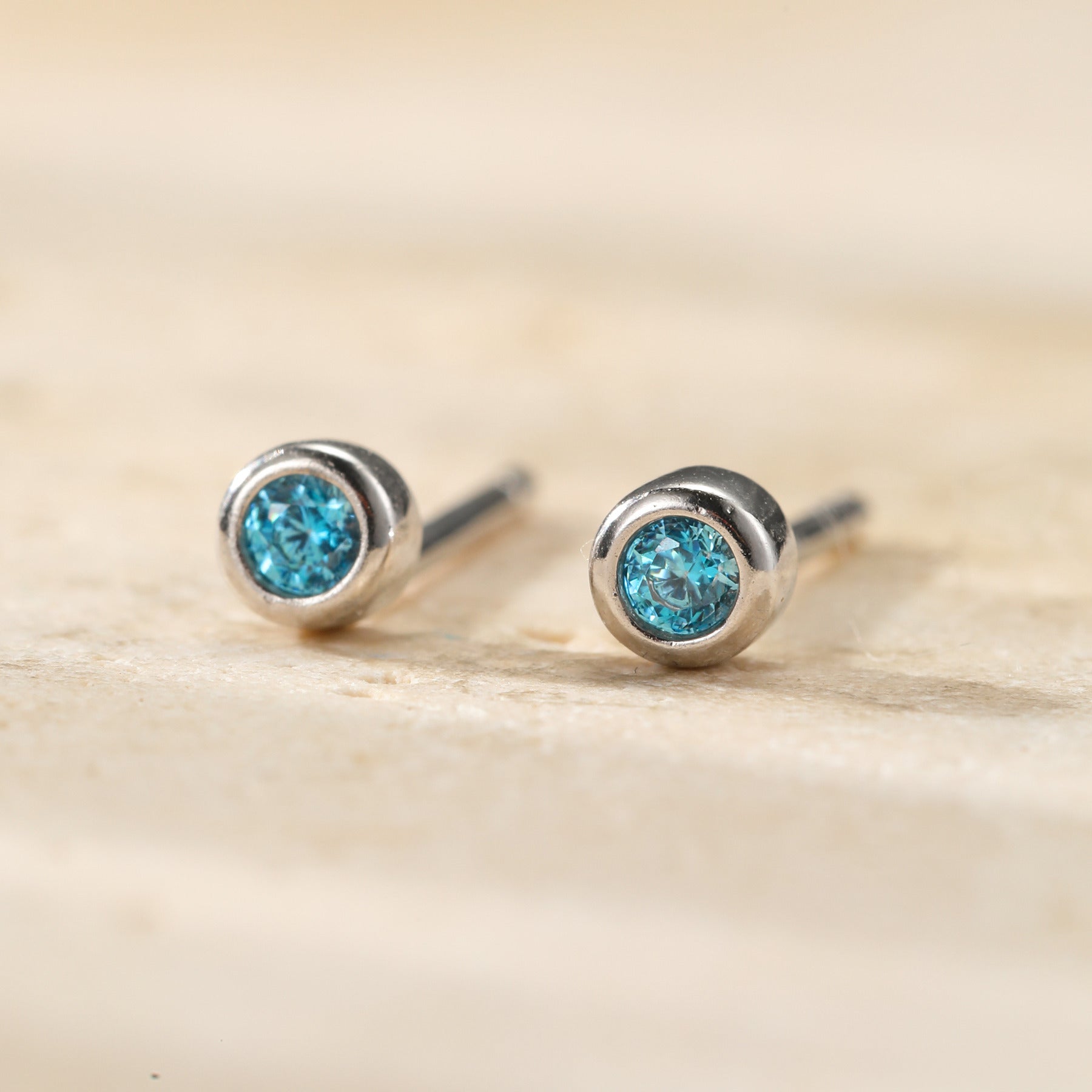 Small Aquamarine Bezel Stud Earrings Sterling Silver