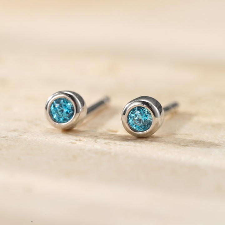 Small Aquamarine Bezel Stud Earrings Sterling Silver