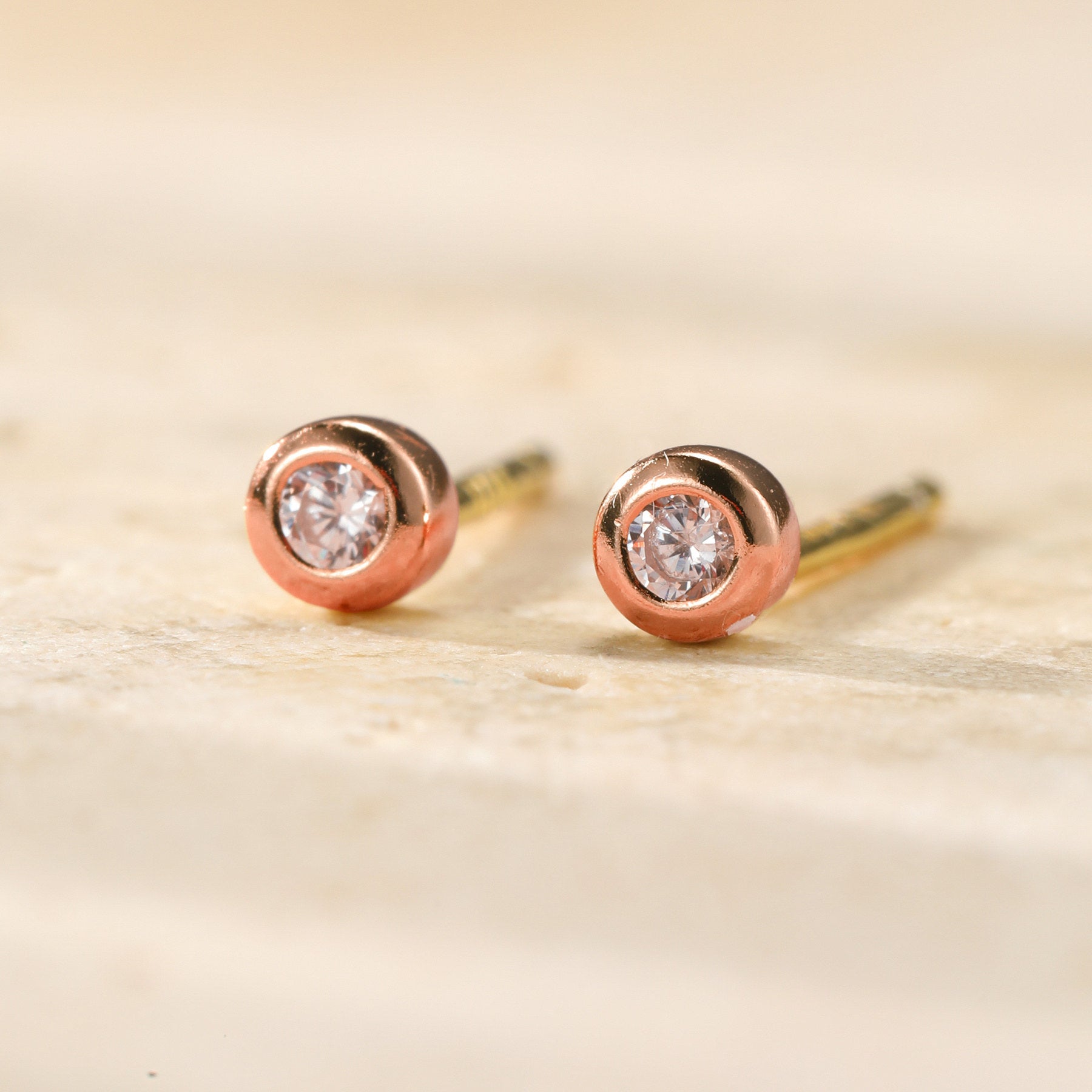 Small Cubic Zirconia Bezel Stud Earrings Sterling Silver