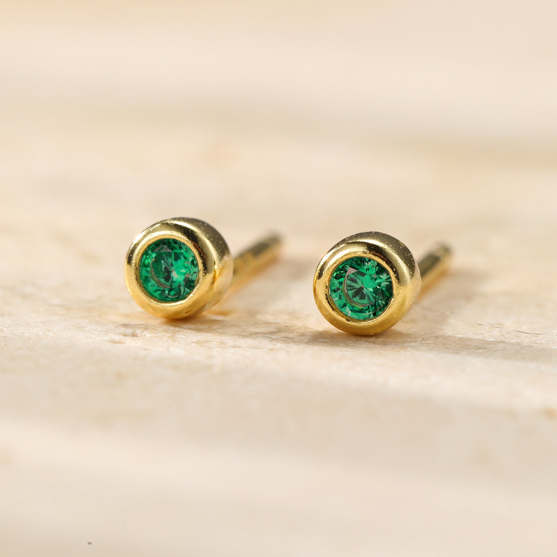 Small Emerald Bezel Stud Earrings Sterling Silver