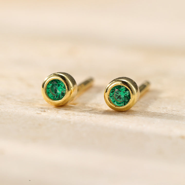 Small Emerald Bezel Stud Earrings Sterling Silver