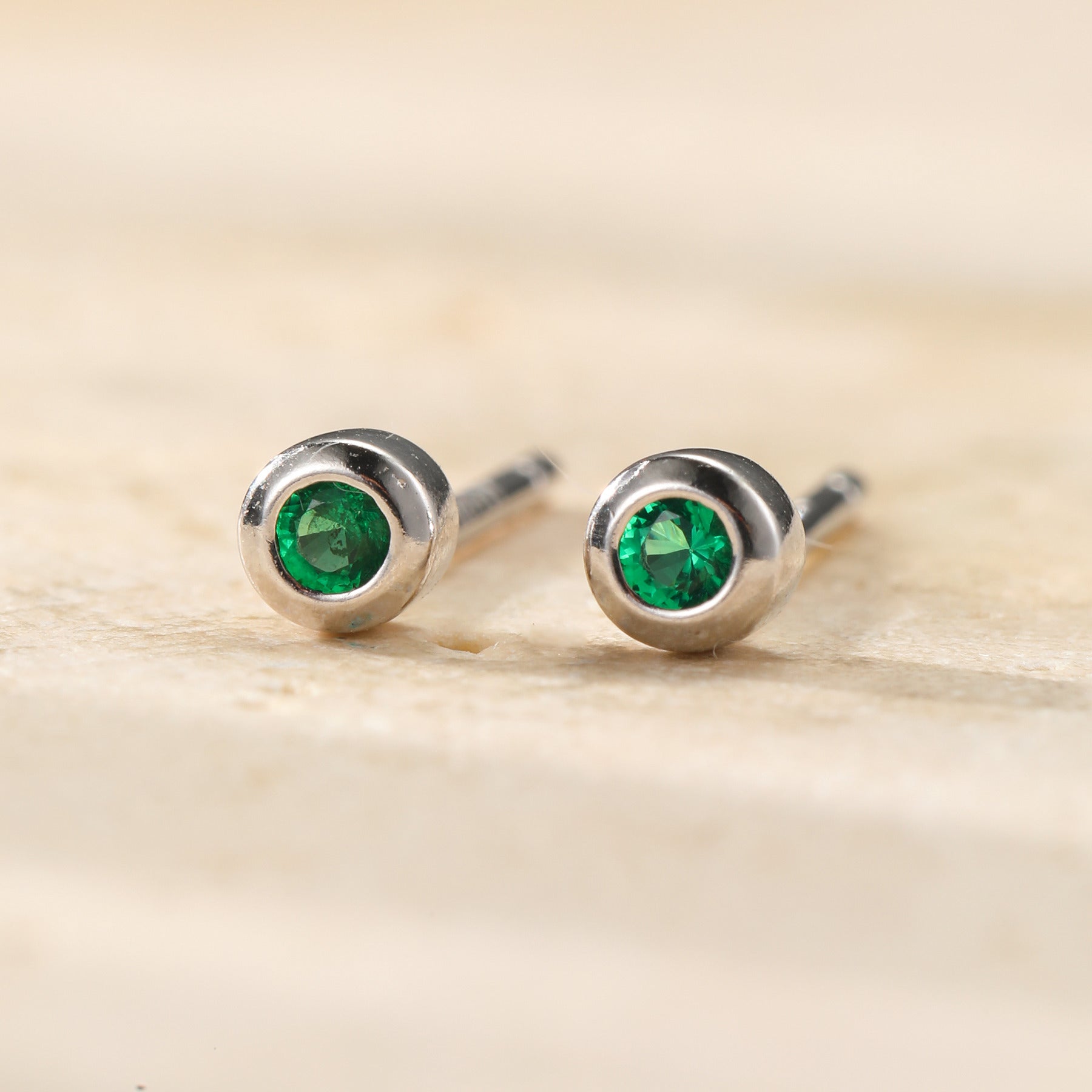Small Emerald Bezel Stud Earrings Sterling Silver