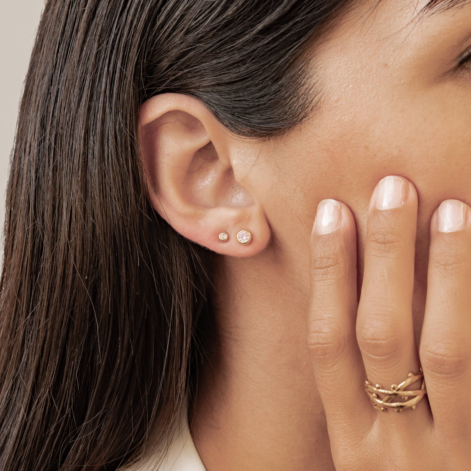 Small Pink Bezel Stud Earrings Sterling Silver