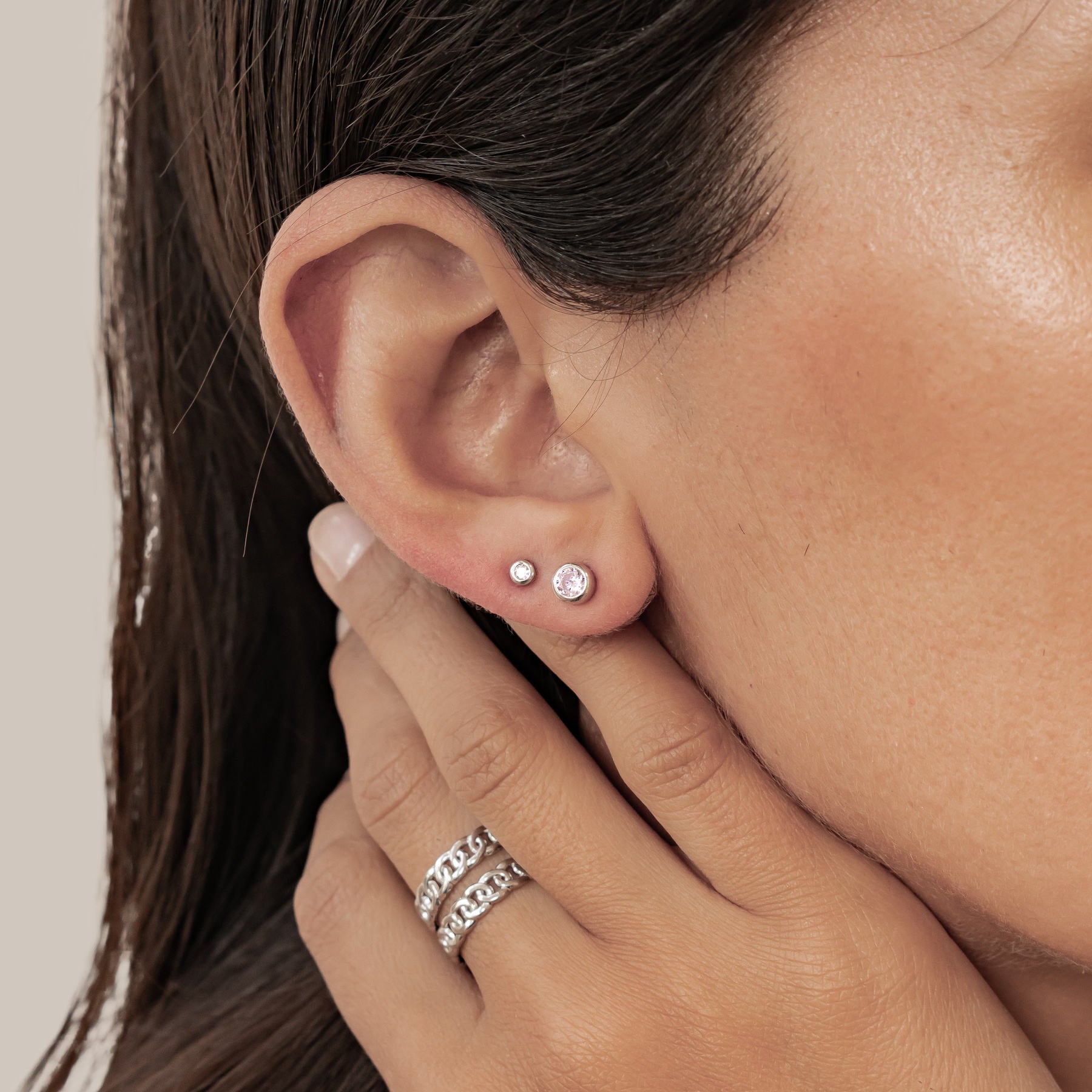Small Pink Bezel Stud Earrings Sterling Silver