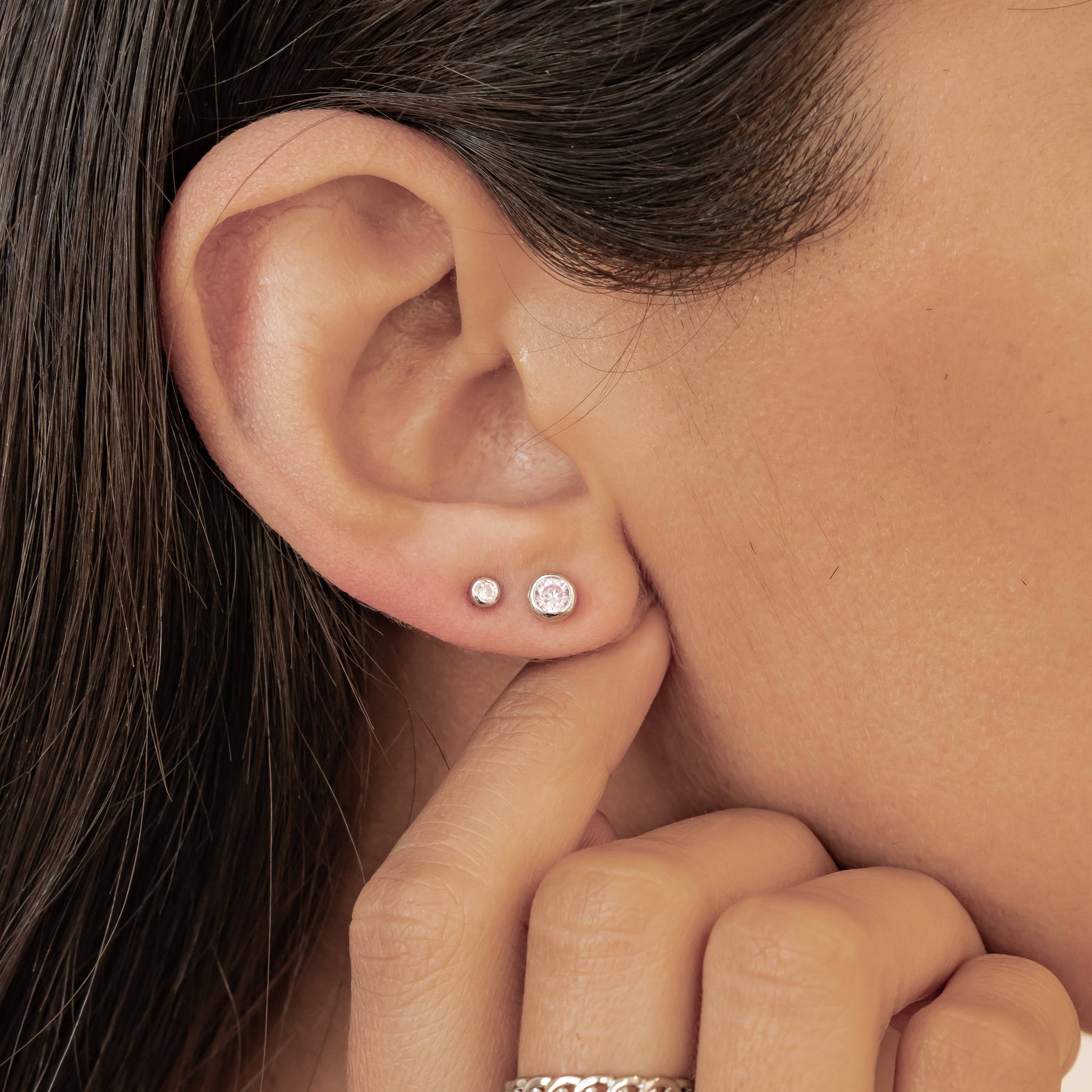 Small Pink Bezel Stud Earrings Sterling Silver